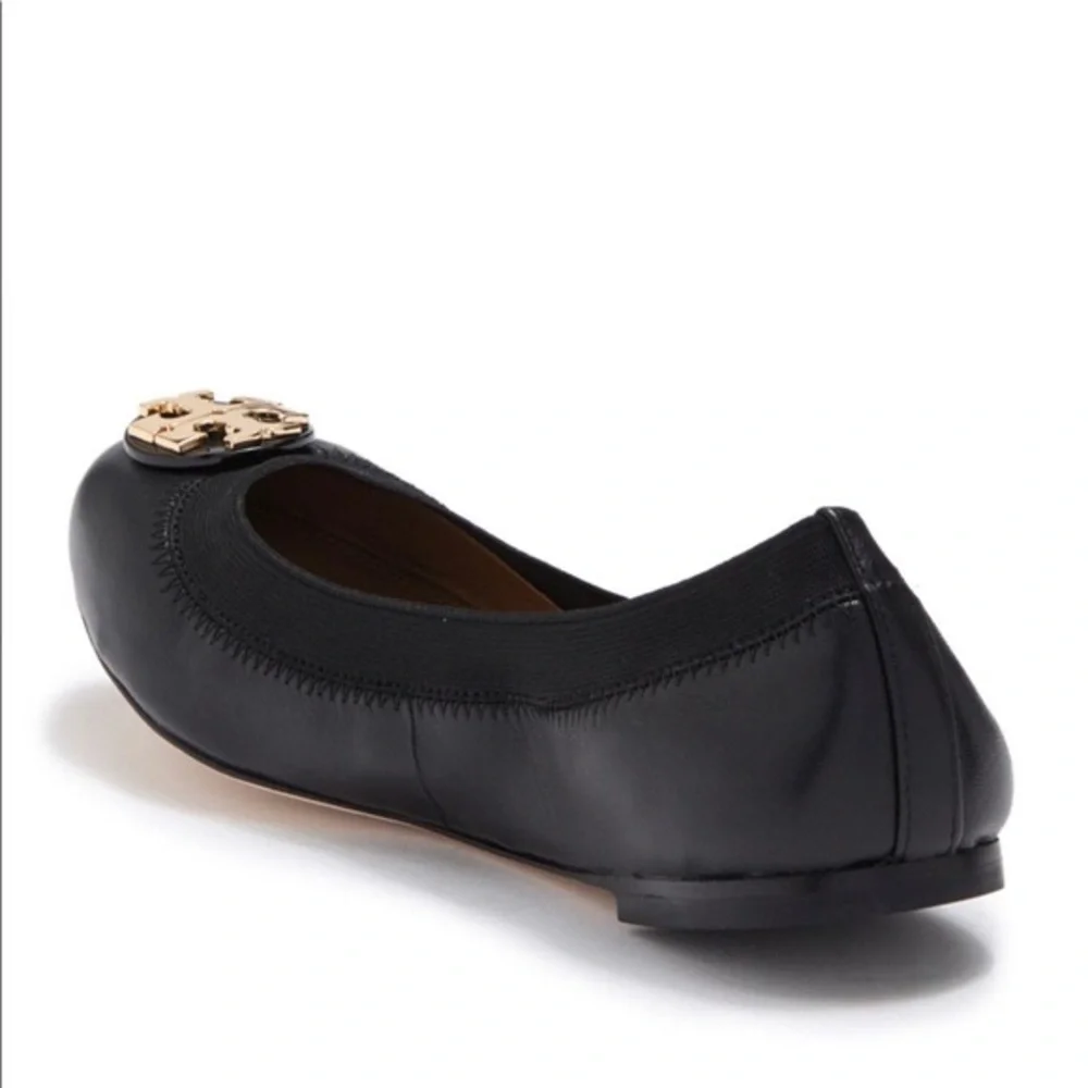 TORY BURCH Black Claire Elastic Ballet Flat with Gold Logo - Size 6.5